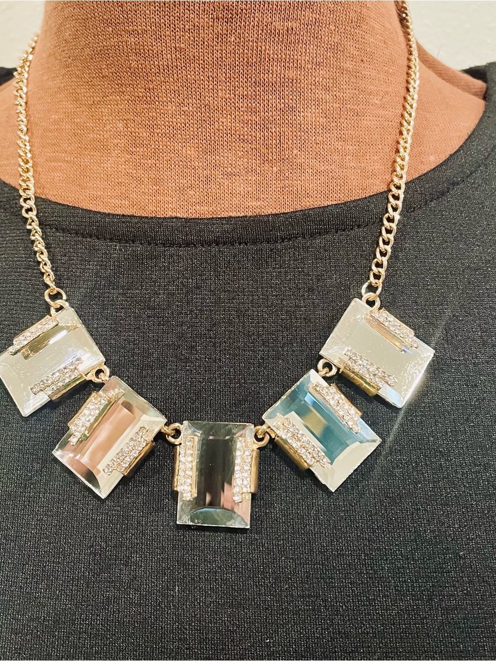 Gold-Tone Crystal Link Necklace with Clear Faceted Squares